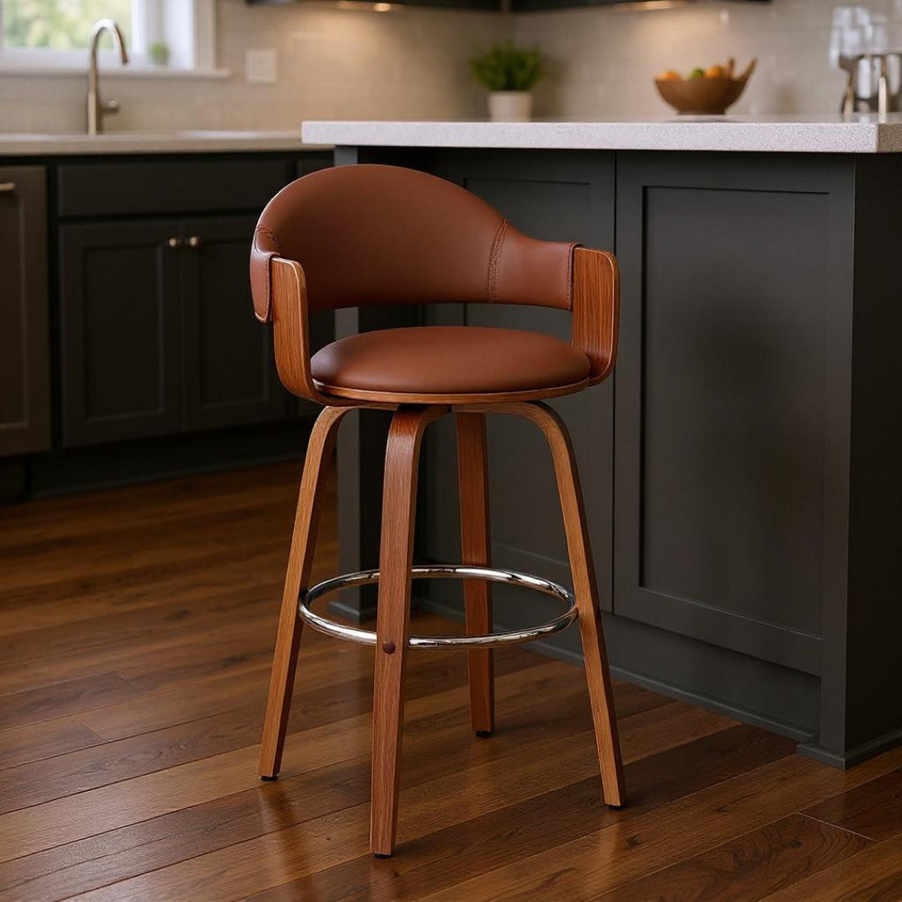 HomeRoots 26" Brown Swivel Low Back Counter Stool - Stylish Faux Leather, Walnut Frame, 360° Comfort & Support 476942