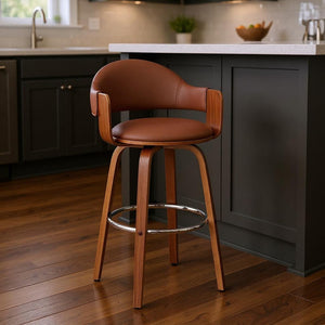 HomeRoots 26" Brown Swivel Low Back Counter Stool - Stylish Faux Leather, Walnut Frame, 360° Comfort & Support 476942