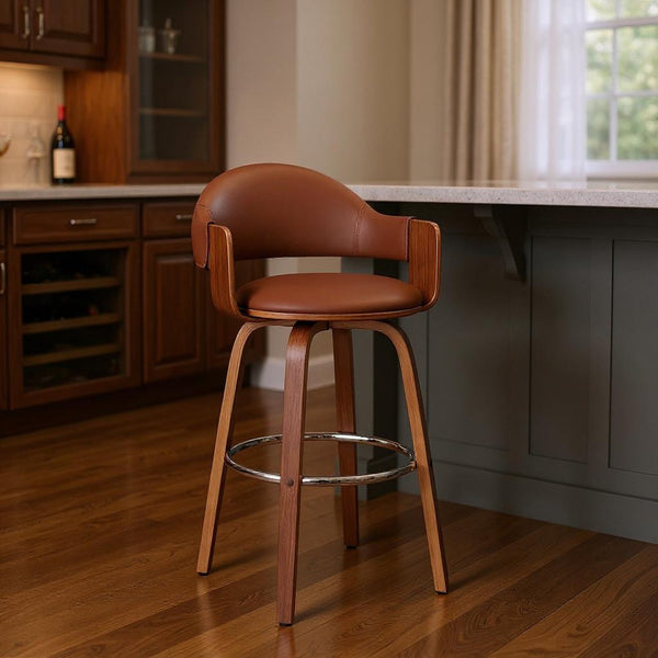 HomeRoots 30" Brown Swivel Bar Stool - Elegant Faux Leather Chair with Walnut Finish for Comfort & Style 476943
