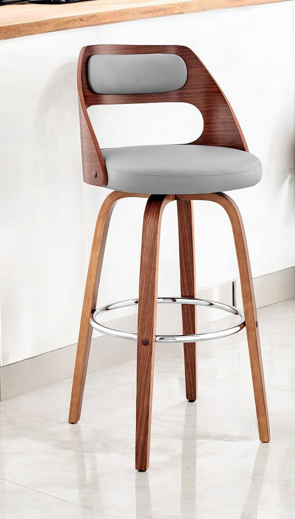 Homeroots 30" Gray And Brown Faux Leather Swivel Bar Height Bar Chair   476952