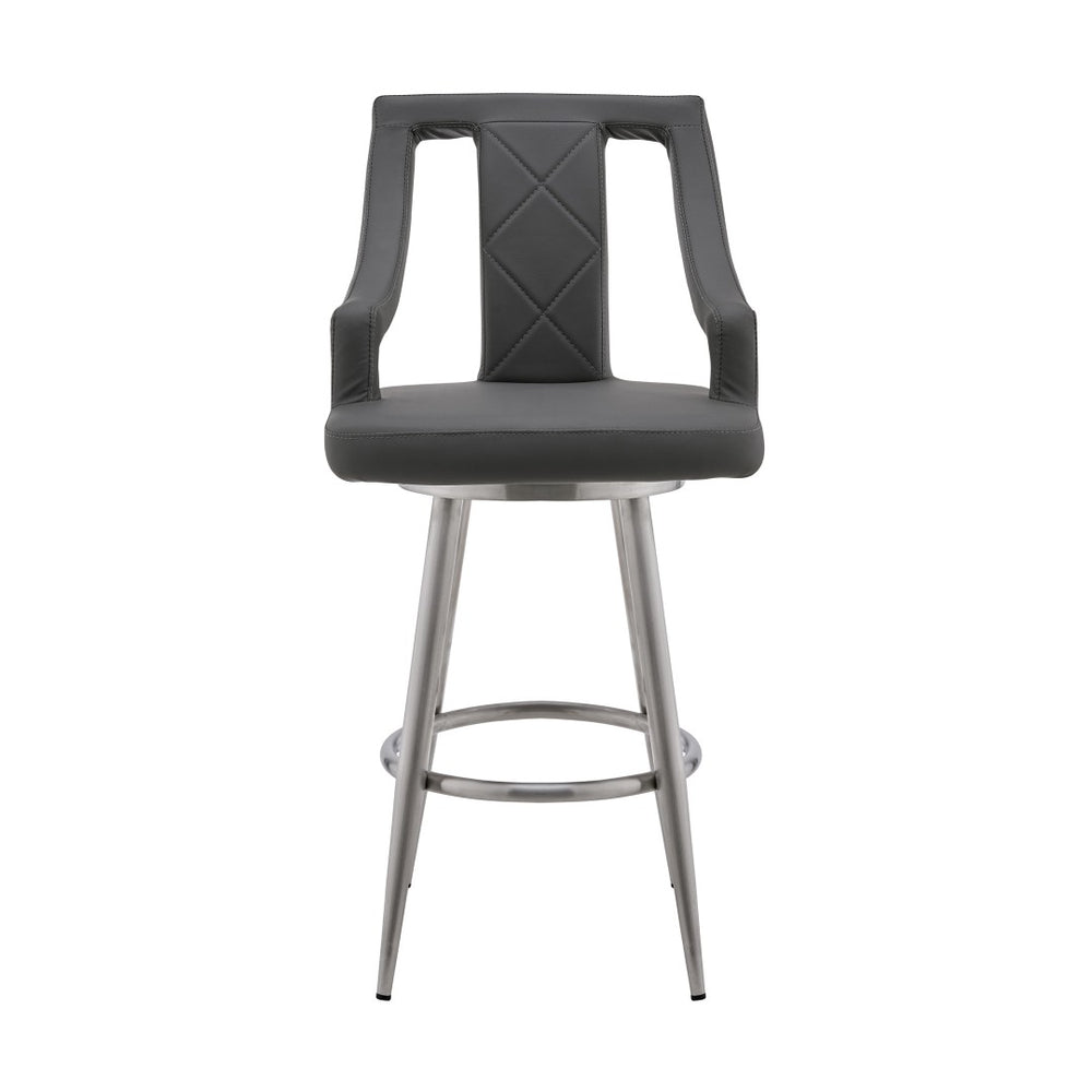 HomeRoots 25" Gray Faux Leather Swivel Bar Chair with Silver Iron Base - Modern Comfort for Kitchen & Bar 476980