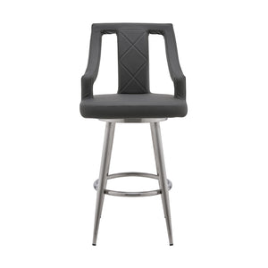 HomeRoots 25" Gray Faux Leather Swivel Bar Chair with Silver Iron Base - Modern Comfort for Kitchen & Bar 476980