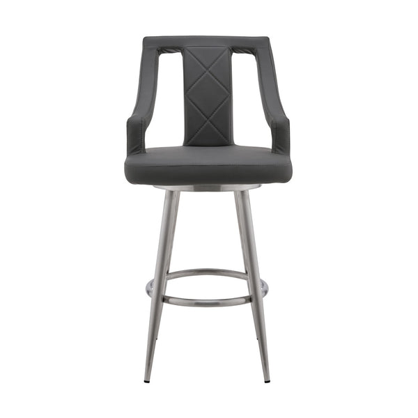 HomeRoots 25" Gray Faux Leather Swivel Bar Chair with Silver Iron Base - Modern Comfort for Kitchen & Bar 476980