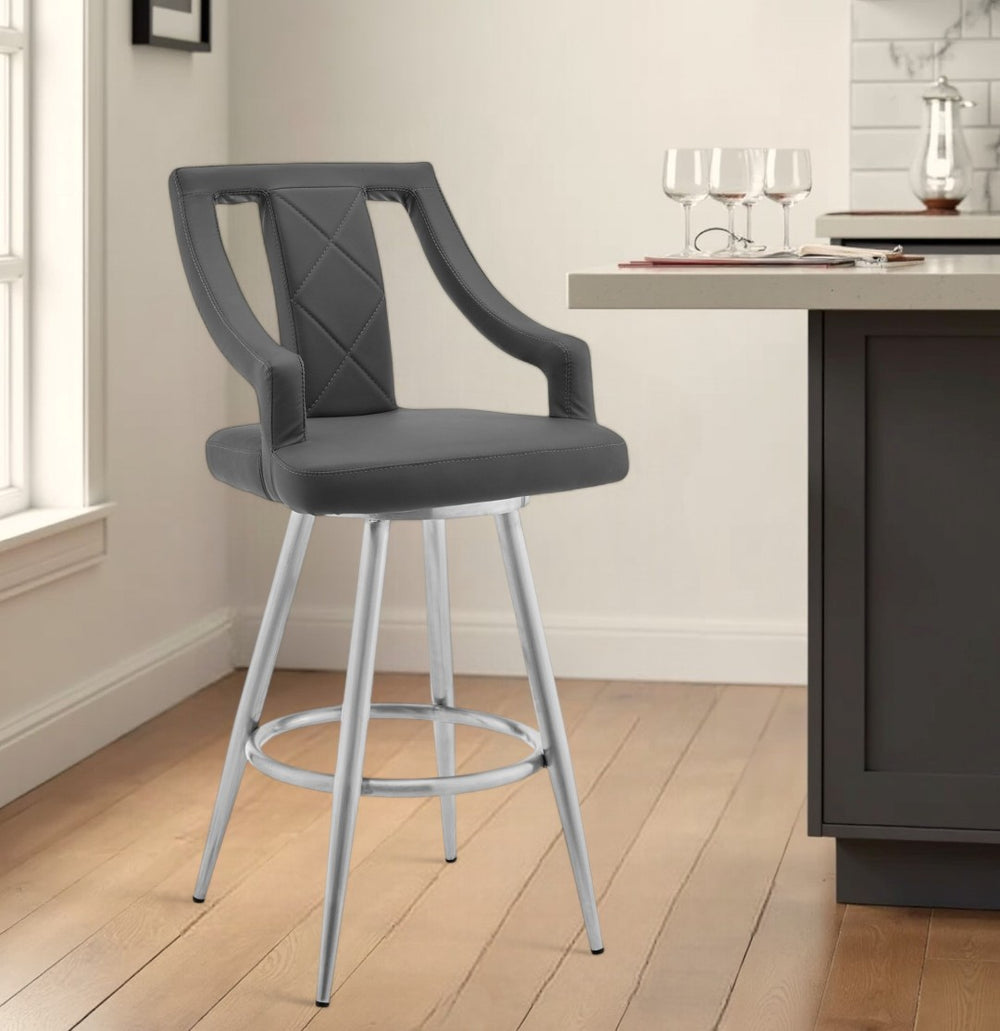 HomeRoots 25" Gray Faux Leather Swivel Bar Chair with Silver Iron Base - Modern Comfort for Kitchen & Bar 476980