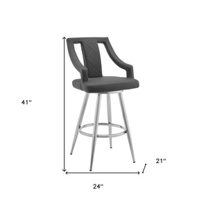 HomeRoots 25" Gray Faux Leather Swivel Bar Chair with Silver Iron Base - Modern Comfort for Kitchen & Bar 476980