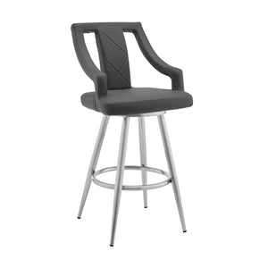 HomeRoots 25" Gray Faux Leather Swivel Bar Chair with Silver Iron Base - Modern Comfort for Kitchen & Bar 476980