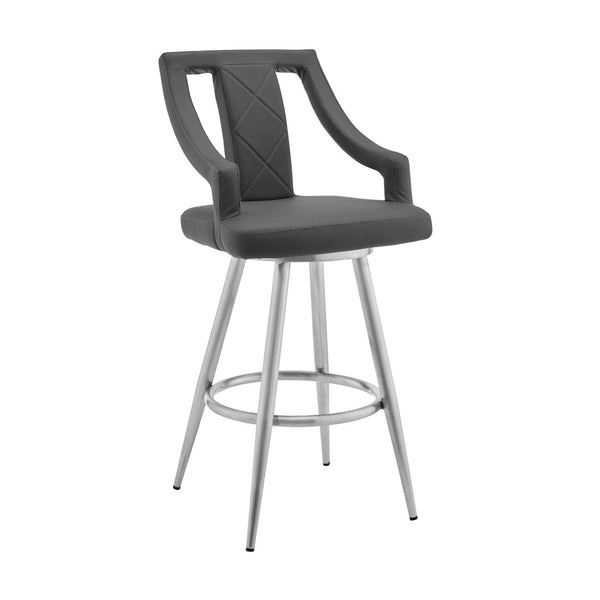 HomeRoots 25" Gray Faux Leather Swivel Bar Chair with Silver Iron Base - Modern Comfort for Kitchen & Bar 476980