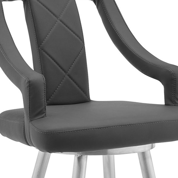 Homeroots 29" Gray And Silver Faux Leather And Iron Swivel Bar Height Bar Chair   476981