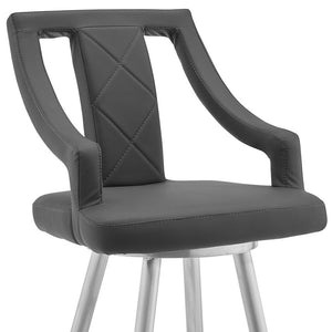 Homeroots 29" Gray And Silver Faux Leather And Iron Swivel Bar Height Bar Chair   476981