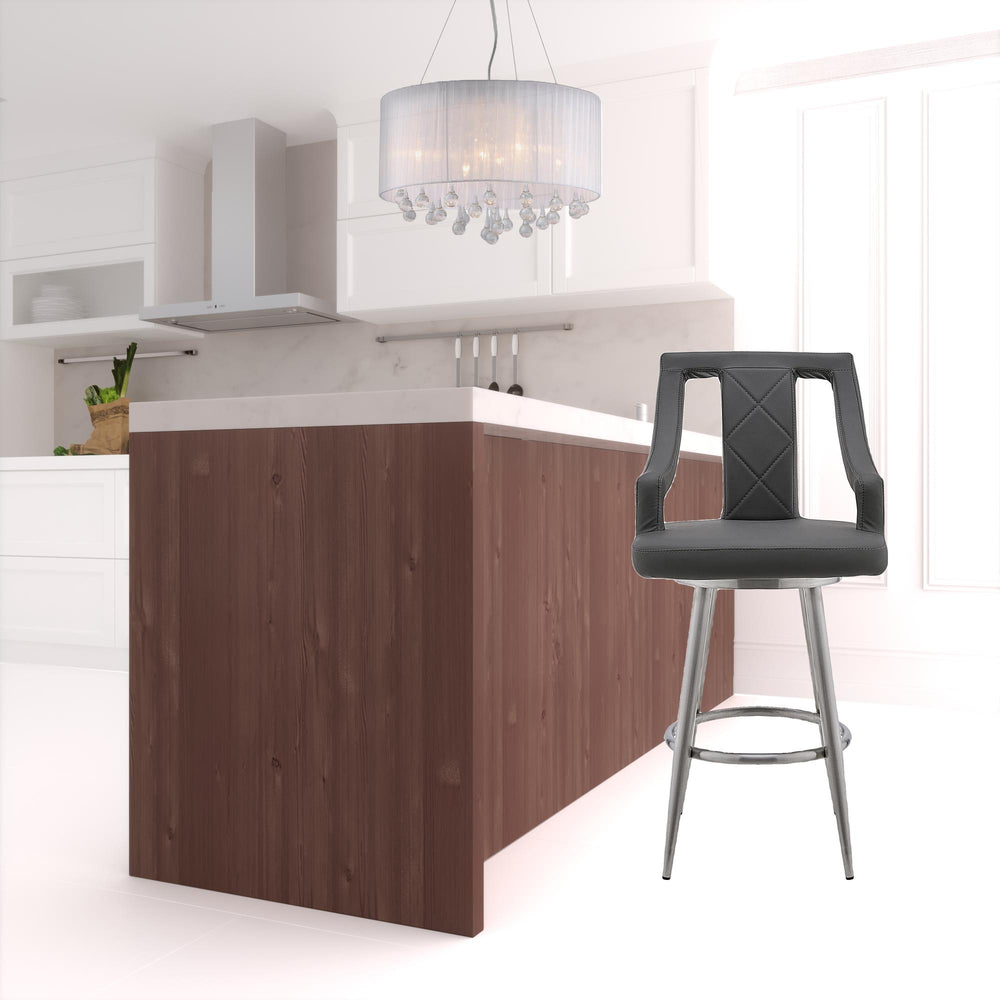 Homeroots 29" Gray And Silver Faux Leather And Iron Swivel Bar Height Bar Chair   476981