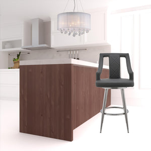 Homeroots 29" Gray And Silver Faux Leather And Iron Swivel Bar Height Bar Chair   476981