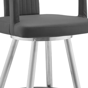 Homeroots 26" Gray And Silver Faux Leather And Iron Swivel Low Back Counter Height Bar Chair   476984