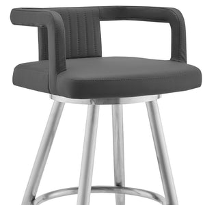 Homeroots 26" Gray And Silver Faux Leather And Iron Swivel Low Back Counter Height Bar Chair   476984