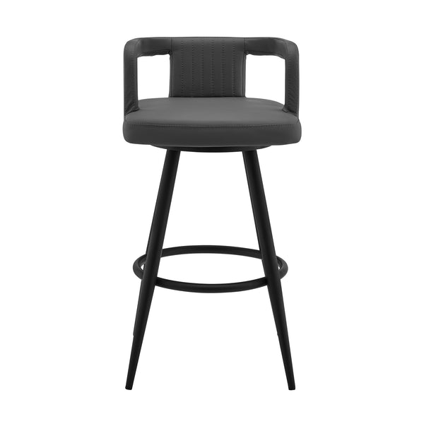 Homeroots 30" Gray And Black Faux Leather And Iron Swivel Low Back Bar Height Bar Chair   476987