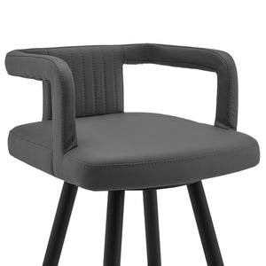 Homeroots 30" Gray And Black Faux Leather And Iron Swivel Low Back Bar Height Bar Chair   476987
