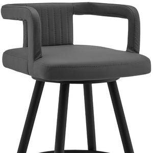Homeroots 30" Gray And Black Faux Leather And Iron Swivel Low Back Bar Height Bar Chair   476987