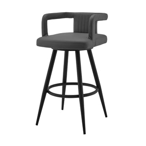 Homeroots 30" Gray And Black Faux Leather And Iron Swivel Low Back Bar Height Bar Chair   476987