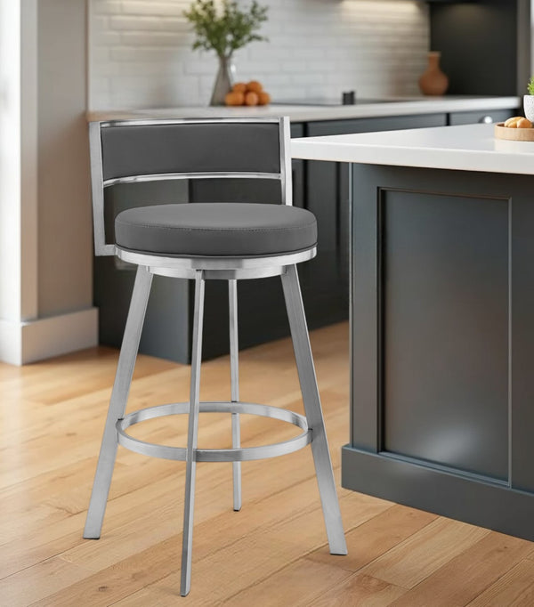 Homeroots 26" Gray And Silver Faux Leather And Iron Low Back Counter Height Swivel Bar Chair   476988