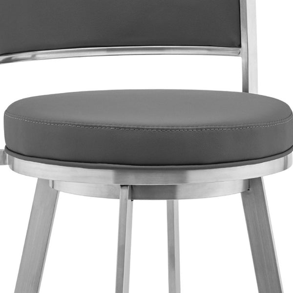 Homeroots 26" Gray And Silver Faux Leather And Iron Low Back Counter Height Swivel Bar Chair   476988