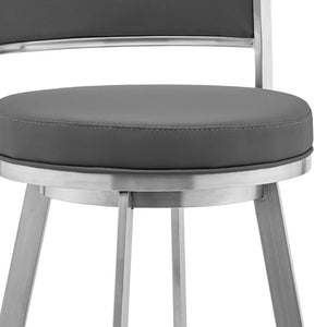 Homeroots 30" Gray And Silver Faux Leather And Iron Swivel Low Back Bar Height Bar Chair   476989
