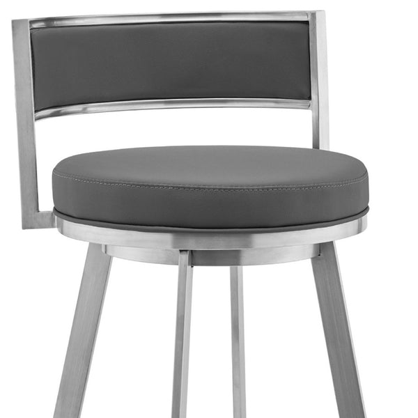 Homeroots 30" Gray And Silver Faux Leather And Iron Swivel Low Back Bar Height Bar Chair   476989