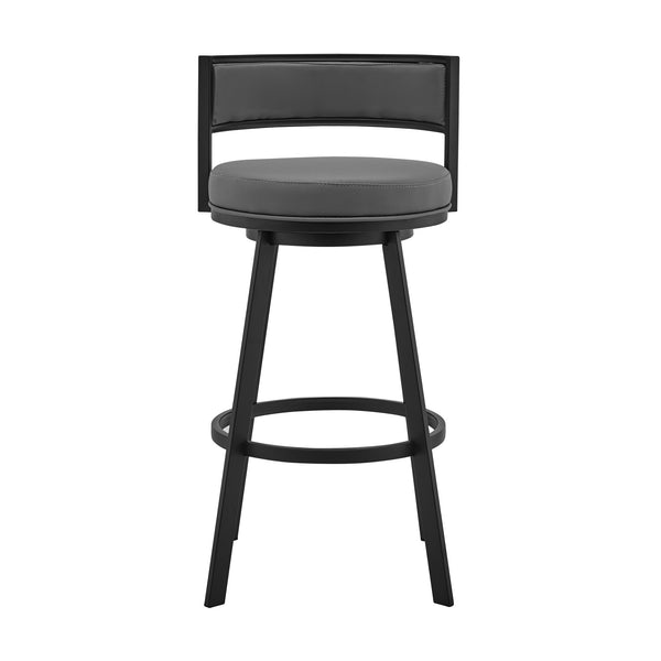Homeroots 30" Gray And Black Faux Leather And Iron Swivel Low Back Bar Height Bar Chair   476991