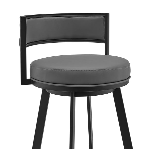 Homeroots 30" Gray And Black Faux Leather And Iron Swivel Low Back Bar Height Bar Chair   476991