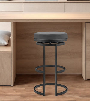 Homeroots 26" Gray And Black Faux Leather And Iron Swivel Backless Counter Height Bar Chair   476994