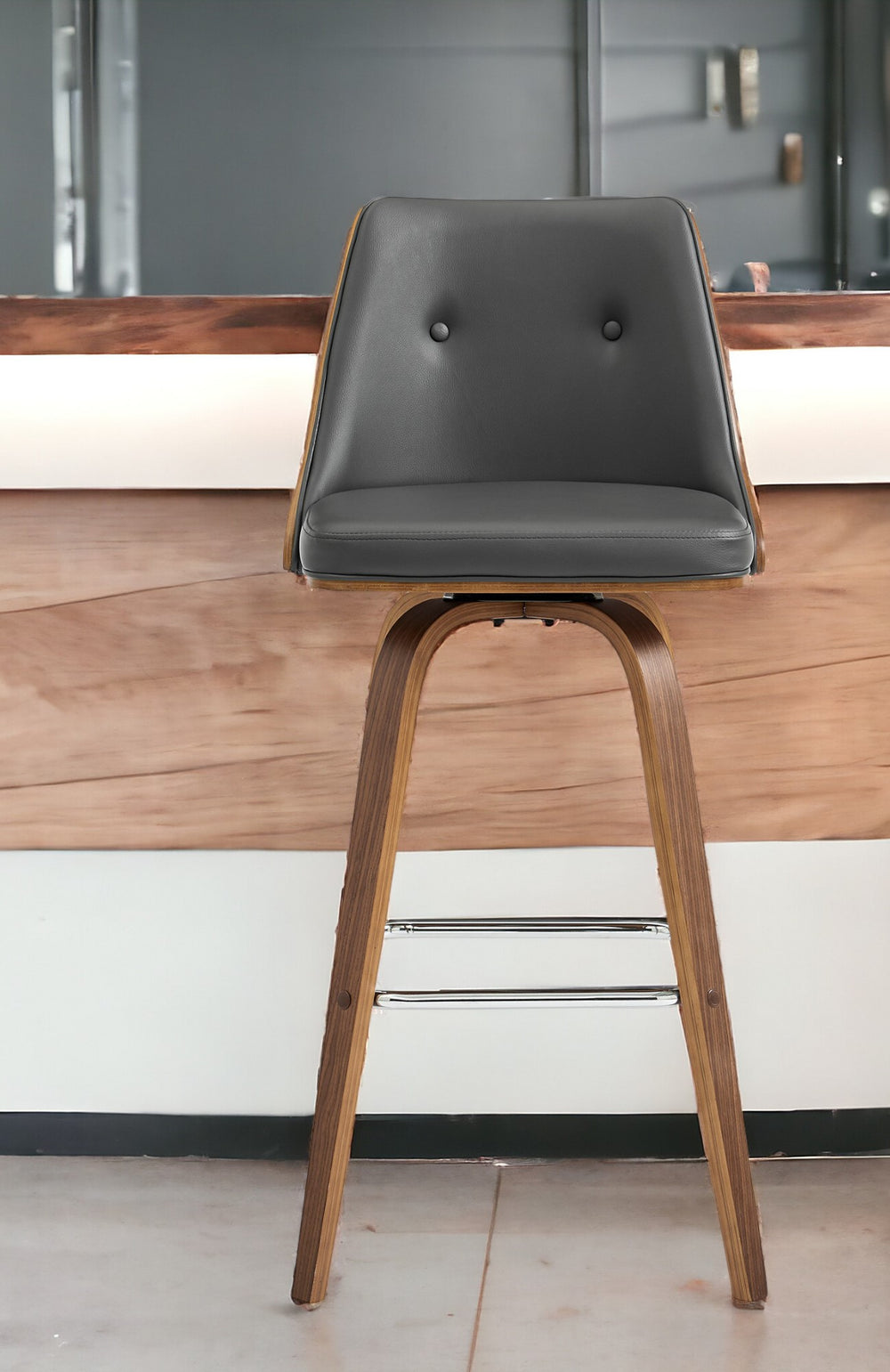 Homeroots 30" Gray And Brown Faux Leather Swivel Bar Height Bar Chair   476996