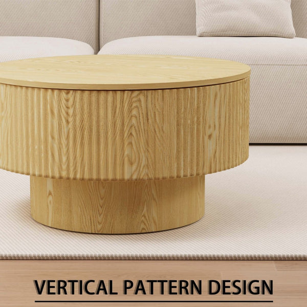 English Elm 29.53 Inch Round Mdf Coffee Table with Grooved Sides and Concealed Storage for Living Rooms W2189P320662