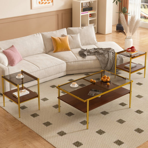 English Elm Coffee Table And End Tables Set Of 3 - Sleek Gray Tempered Glass & Mdf, Modern Living Room Decor W241S00045