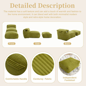 English Elm Big Corduroy Lounger Bean Bag with Ottoman Memory Foam Fill for Living Room Olive W395P435351