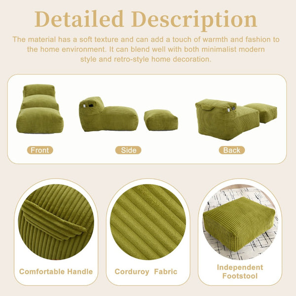 English Elm Big Corduroy Lounger Bean Bag with Ottoman Memory Foam Fill for Living Room Olive W395P435351