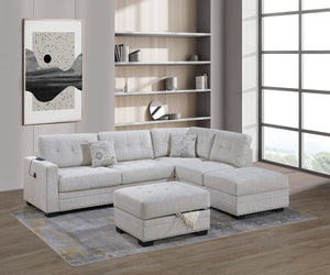English Elm Living L-Shaped Sectional Sofa Set with Reversible Chaise, Tufted Burlap Fabric, Storage Ottoman, USB Port Beige,Neutral 34 L x 26 W x 65 H B011S01776