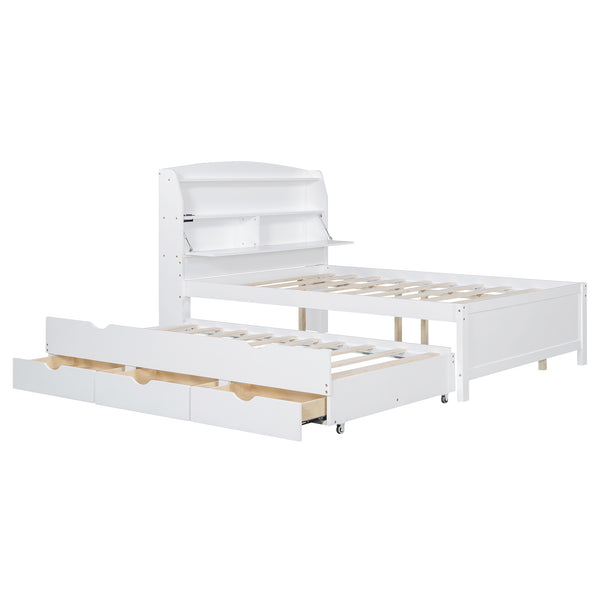English Elm Full Size Wooden Led Platform Bed With Trundle, Storage Headboard, Usb Ports, And Drawers In White N820S10009K