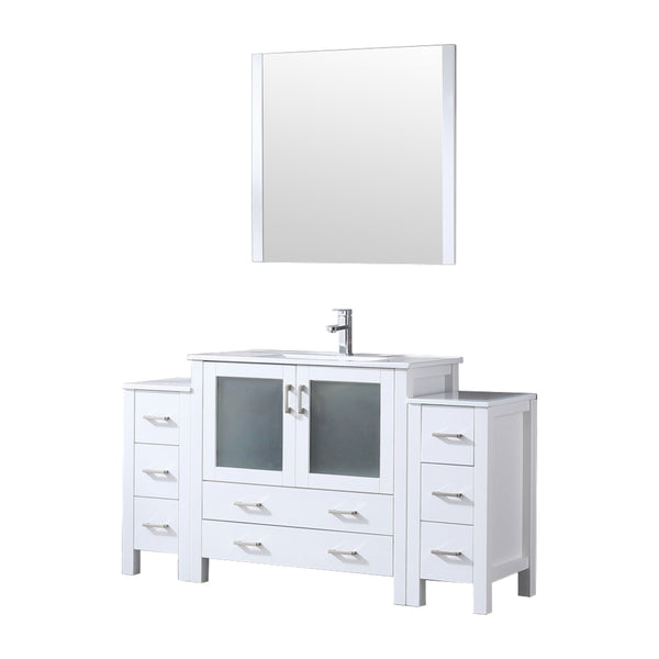 English Elm White 60 in. Bath Vanity with Side Cabinets, Scratch-Resist Ceramic Top, Chrome Faucet & 34" Mirror B2731S01375