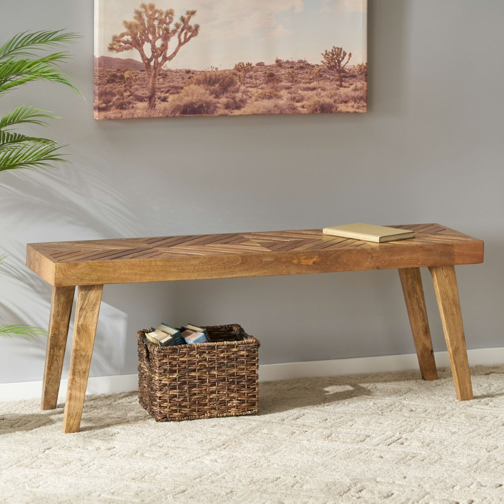 English Elm Wooden Mango Bench Hand Carved Diamond Seat Splayed Legs Farmhouse Entryway Accent N768P412484N