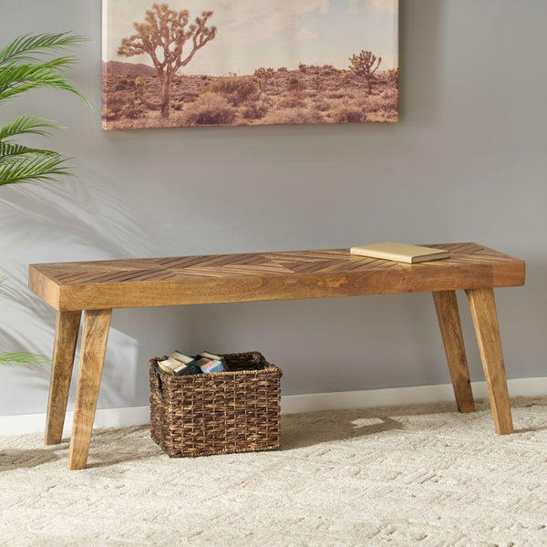 English Elm Wooden Mango Bench Hand Carved Diamond Seat Splayed Legs Farmhouse Entryway Accent N768P412484N