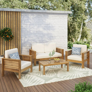English Elm Christopher Knight Home® - Teak Acacia Wood 4-Piece Outdoor Chat Set with Water-Resistant Cream Cushions, Shutter Slat Design 70692.00-2_70844.00