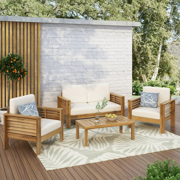 English Elm Christopher Knight Home® - Teak Acacia Wood 4-Piece Outdoor Chat Set with Water-Resistant Cream Cushions, Shutter Slat Design 70692.00-2_70844.00