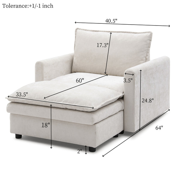 English Elm Chenille Plush Sofa Bed with Ottoman — Space-Saving Modern Single Couch, Stain-Resistant Beige Lounge (1-Seat) W1117S00278