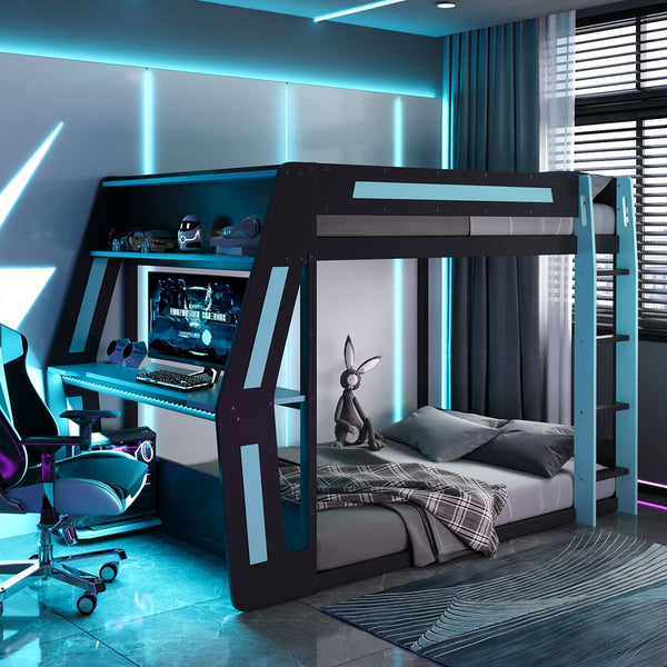 English Elm Full-size Gaming Loft Bed with Integrated Rgb Desk Usb Ports and Esports Frame Blue LT000239AAC