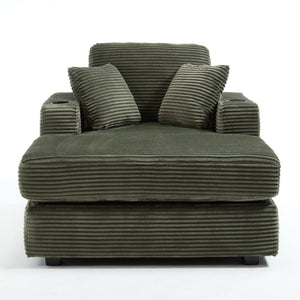 English Elm [New]Corduroy Upholstered Chaise Lounge Sofa with Detachable Cushions, Deep Seat, Cup Holders Green W2120P322754