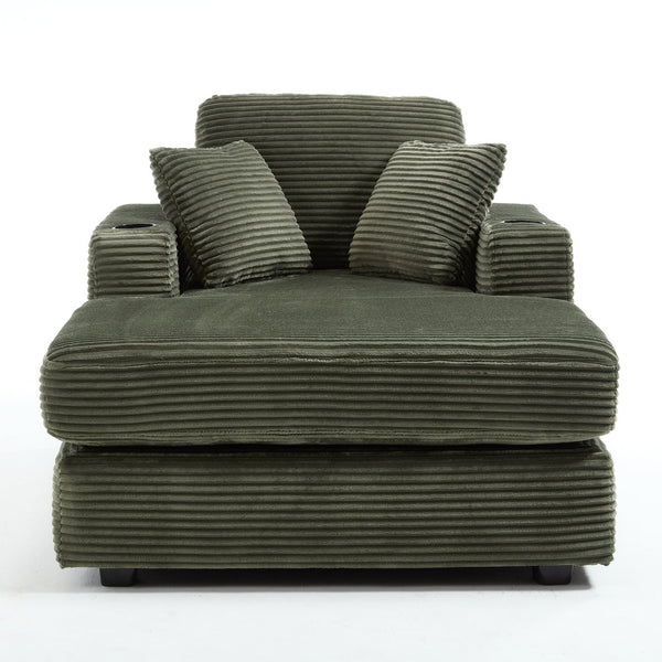English Elm [New]Corduroy Upholstered Chaise Lounge Sofa with Detachable Cushions, Deep Seat, Cup Holders Green W2120P322754