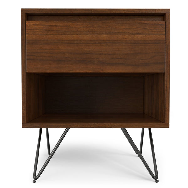 English Elm Hunter Handcrafted Nightstand with Solid Wood Veneer, Single Drawer & Open Shelf, Modern Industrial Design Walnut B136P364301