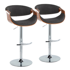 English Elm Curvo Mid-Century Modern Adjustable Barstool Set Of 2 With Chrome Base, Walnut & Charcoal Comfort B202S00805