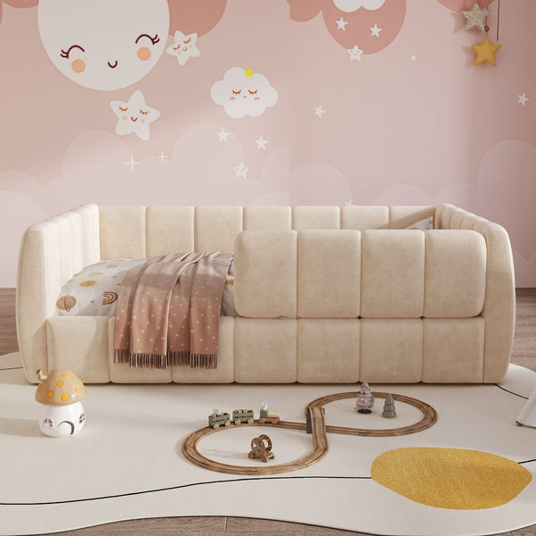 English Elm Upholstered Velvet Toddler Daybed with Removable Guardrails and Solid Slat Support Beige N899P452426A