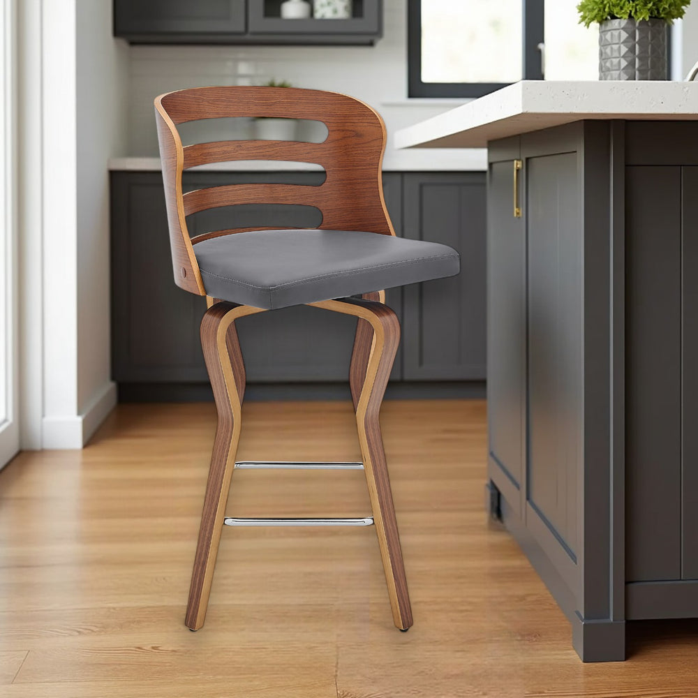 Homeroots 25" Gray And Brown Faux Leather Low Back Counter Height Swivel Bar Chair   477006