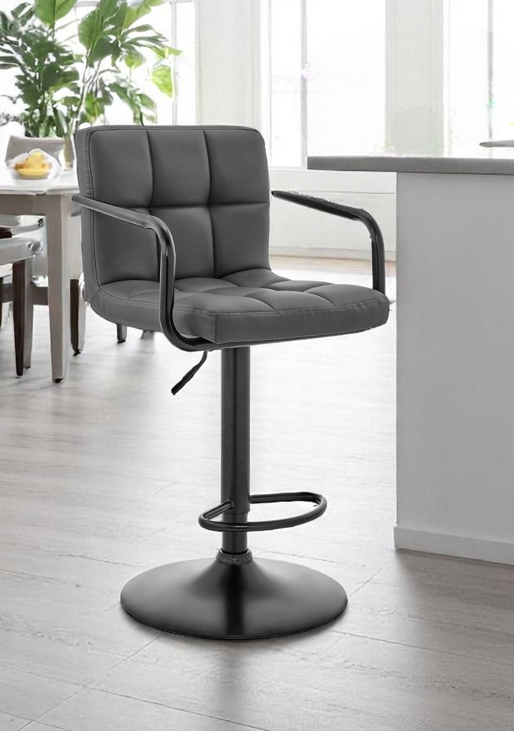 HomeRoots 25" Gray Faux Leather Swivel Bar Chair with Adjustable Height - Modern Iron Design for Comfort 477012
