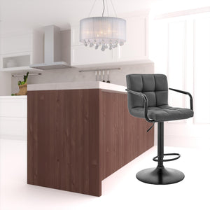 Homeroots 25" Gray And Black Faux Leather And Iron Swivel Low Back Adjustable Height Bar Chair   477012